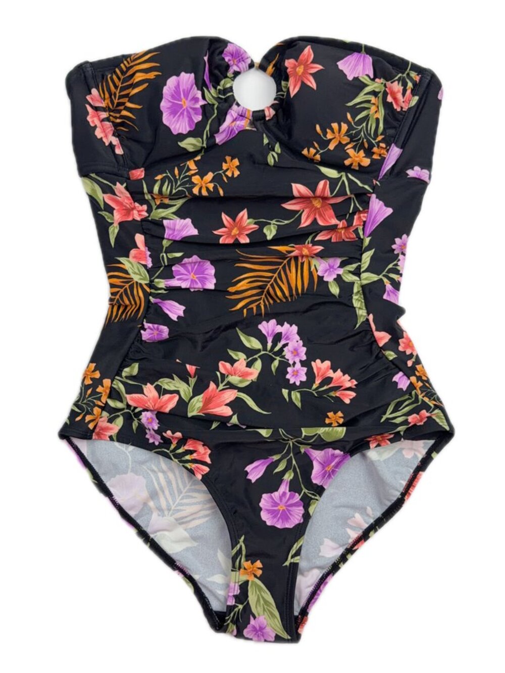 Shade & Shore Black Tropical Floral Bandeau One Piece Swimsuit Ruched Small NWT - Picture 11 of 14